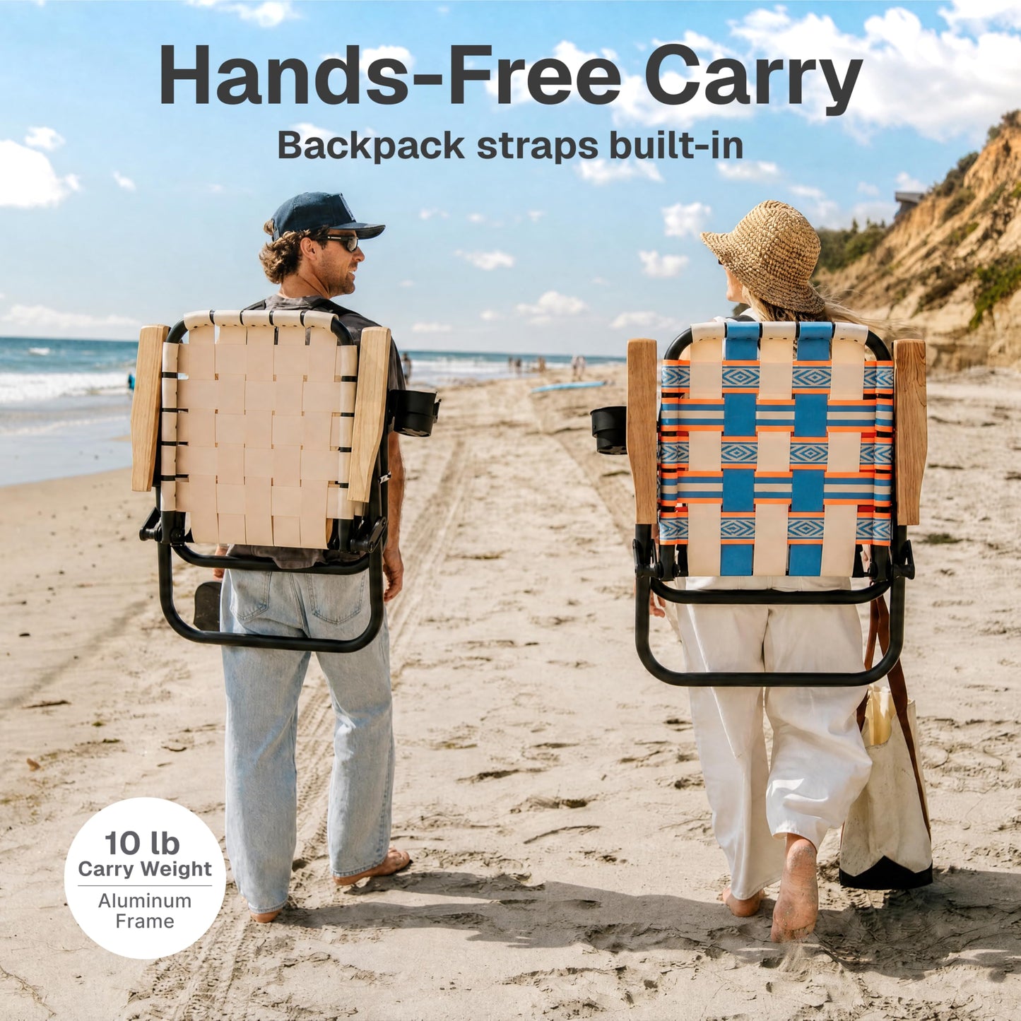 GoSports Outdoors WOVN Beach Backpack Chair - Premium Folding Camping Chair - 9 Styles Available - Natural