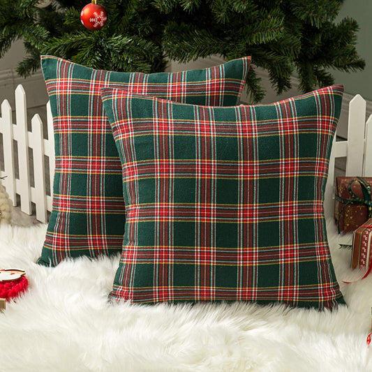 AQOTHES Pack of 2 Christmas Plaid Decorative Throw Pillow Covers Scottish Tartan Cushion Case for Farmhouse Home Holiday Decor Red and Green, 22 x 22 Inches