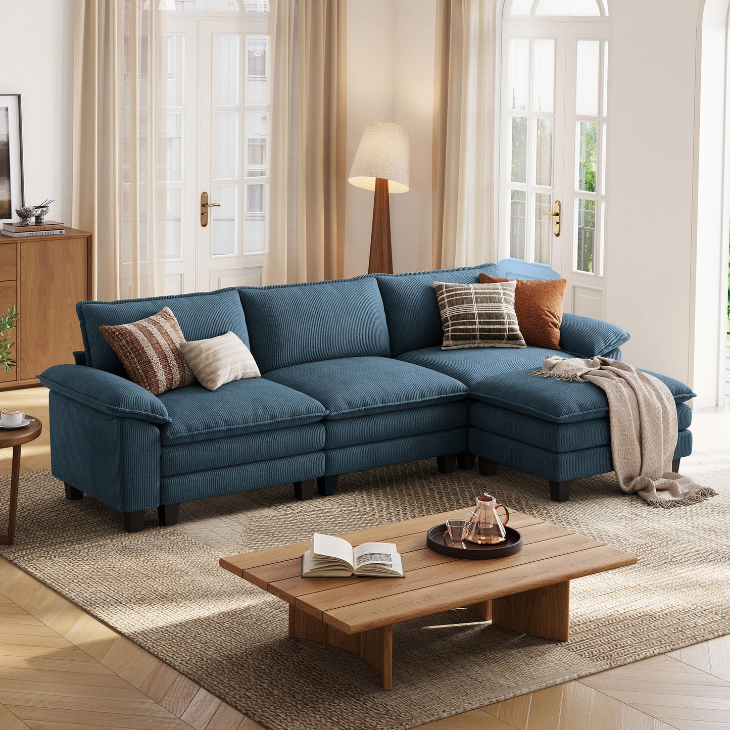 LINSY HOME 123" Modular L-Shaped Sectional Sofa, 3-Seat Corduroy Modern Cloud Couch with Deep Seat & 1 Movable Ottoman, Perfect for Living Room, Office, Bedroom, Blue