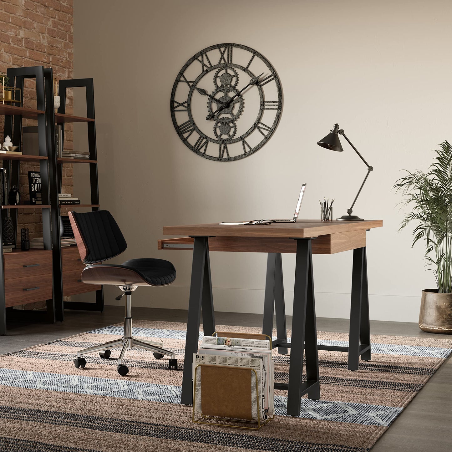 SIMPLIHOME Sawhorse Industrial 60 inch Wide SOLID WALNUT WOOD and Metal Desk in Walnut for the Office Desk, Writing Table, Workstation and Study Table