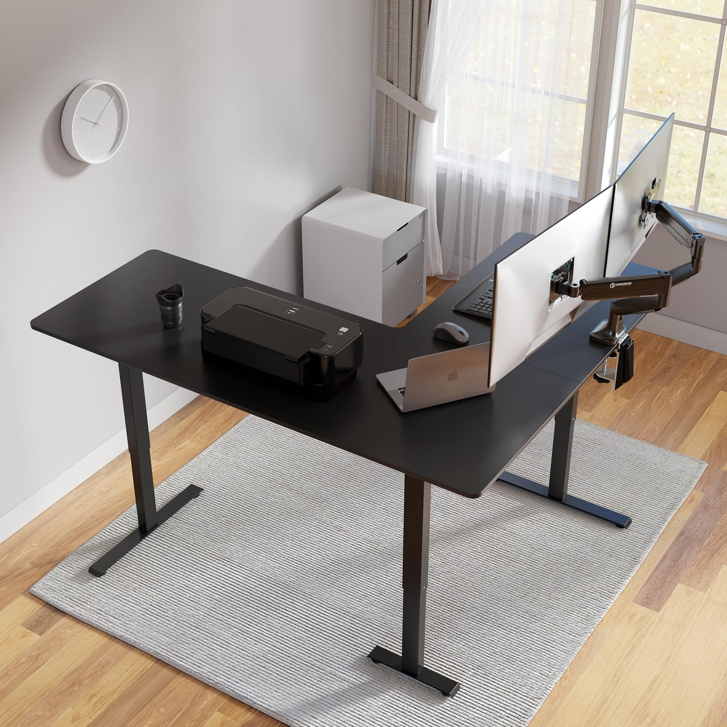 FEZIBO 63" x 55"L Shaped Standing Desk Adjustable Height, 63 Inch Electric Stand up Corner Computer Desk, Sit Stand Home Office Desk with Splice Board, Black