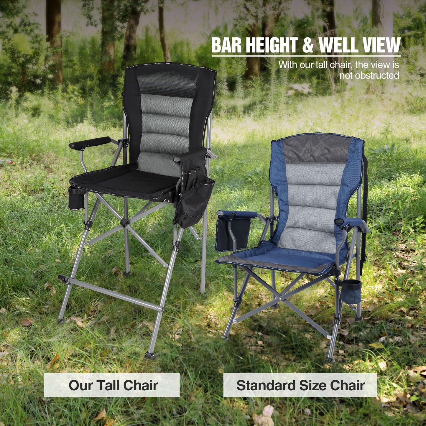 Stonehomy Extra Tall Folding Chairs for Adults 2 Pack, Portable Bar Height Foldable Director Chairs for Camping Outside, Comfortable with Makeup PocketHigh Back and Footrest, Black and Red