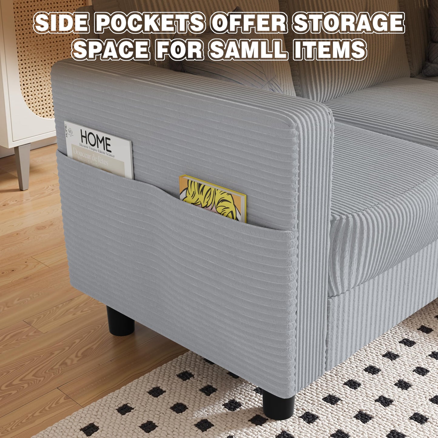 JAMFLY Convertible L-Shaped Sectional Sofa with Reversible Storage Ottoman, 3-Seat Couch with Side Pockets, Modern Compact Furniture for Small Apartments, Studios & Lofts, Light Grey