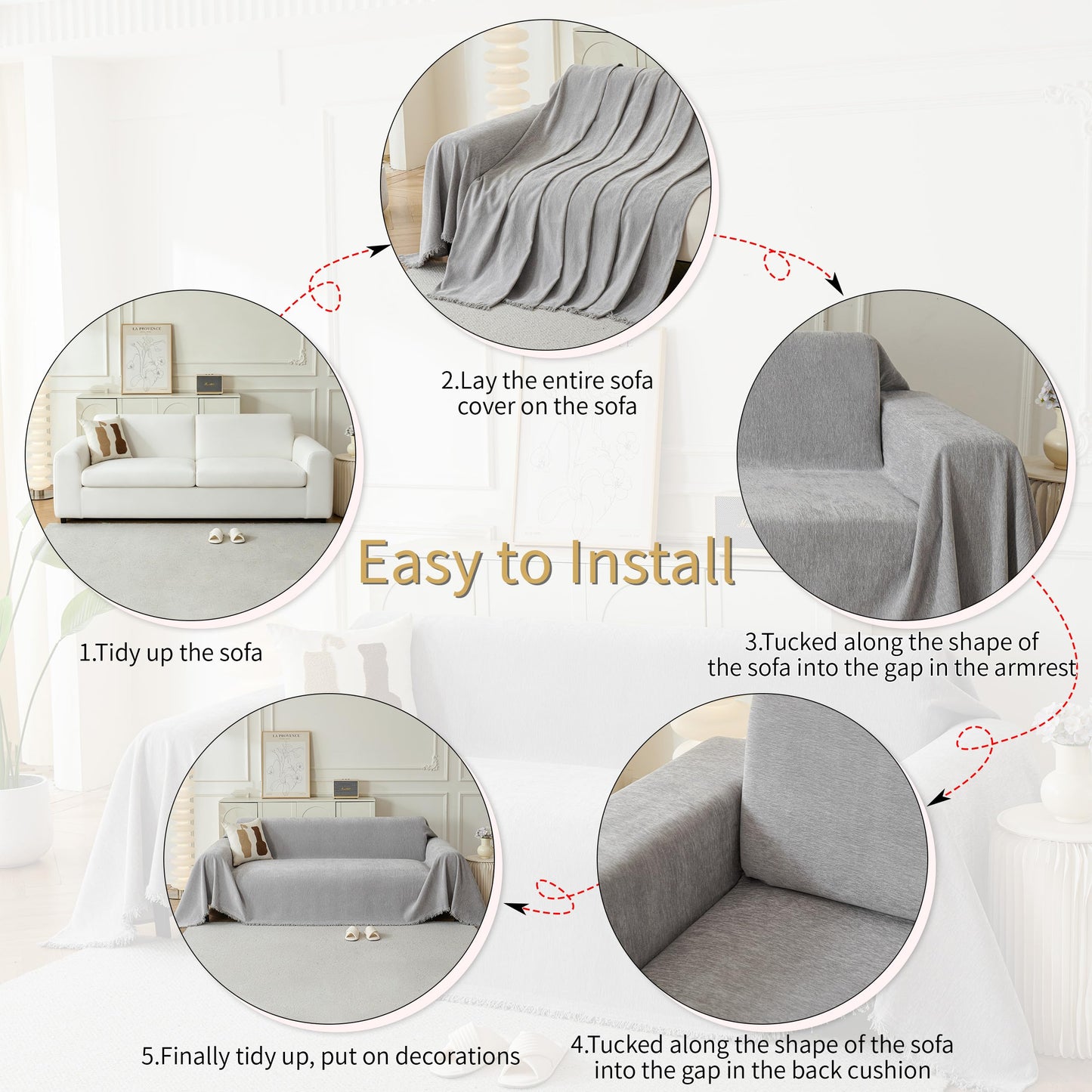 KaviKon Sectional Couch Covers 2-Piece for L Shape Sofa, Chenille Washable Sofa Cover for 2-3 Cushion Couch, Non-Slip Furniture Protector for Dogs,Pets, Soft Couch Blanket Slipcovers Sets (L-Grey)