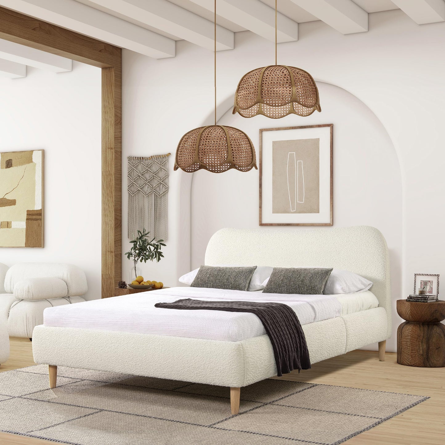 KOYVRY Boucle Bed Frame - Upholstered Bed Frame with Curved Headboard and Wooden Slats Support, Upholstered Platform Bed with Wooden Legs, Minimalist Bed Frame for Bedroom, No Box Spring Needed