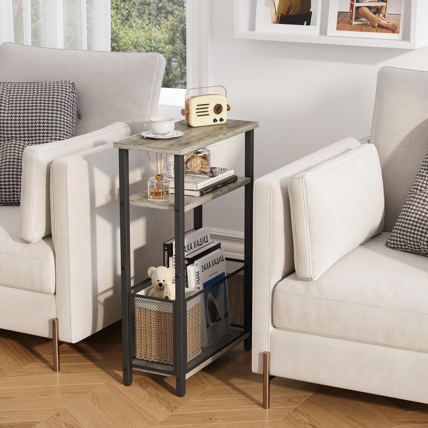 MMEOLUOOK Narrow Side Table with Storage Basket Skinny End Tables for Smalls Spaces 3 Tier Sofa Table Small Nightstand Slim Bedside Table for Living Room Bedroom Oak MLBZ22Q