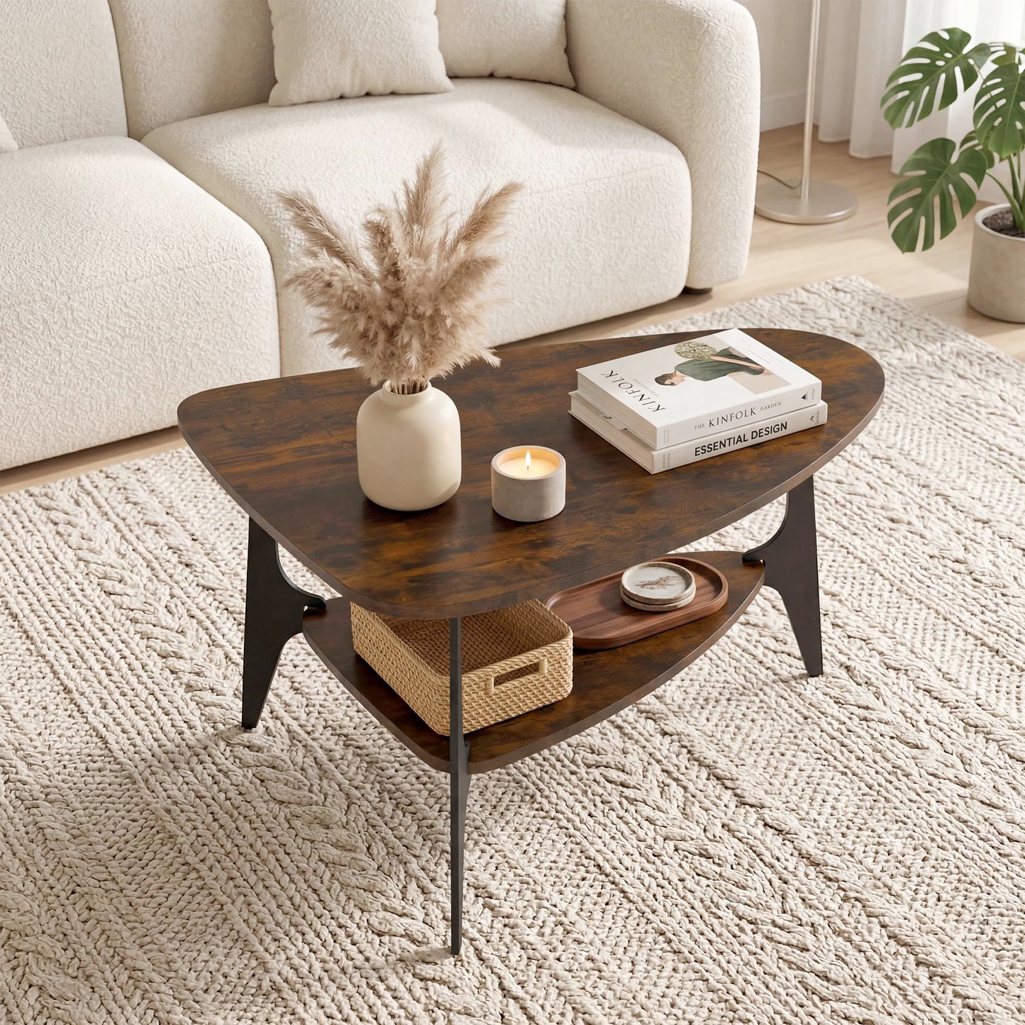 MWOOD Triangle Coffee Table, 33.5″‌ Modern Coffee Table with Storage Shelf, Waterproof Easy to Clean Center Table for Living Room, Apartment, Rustic Brown