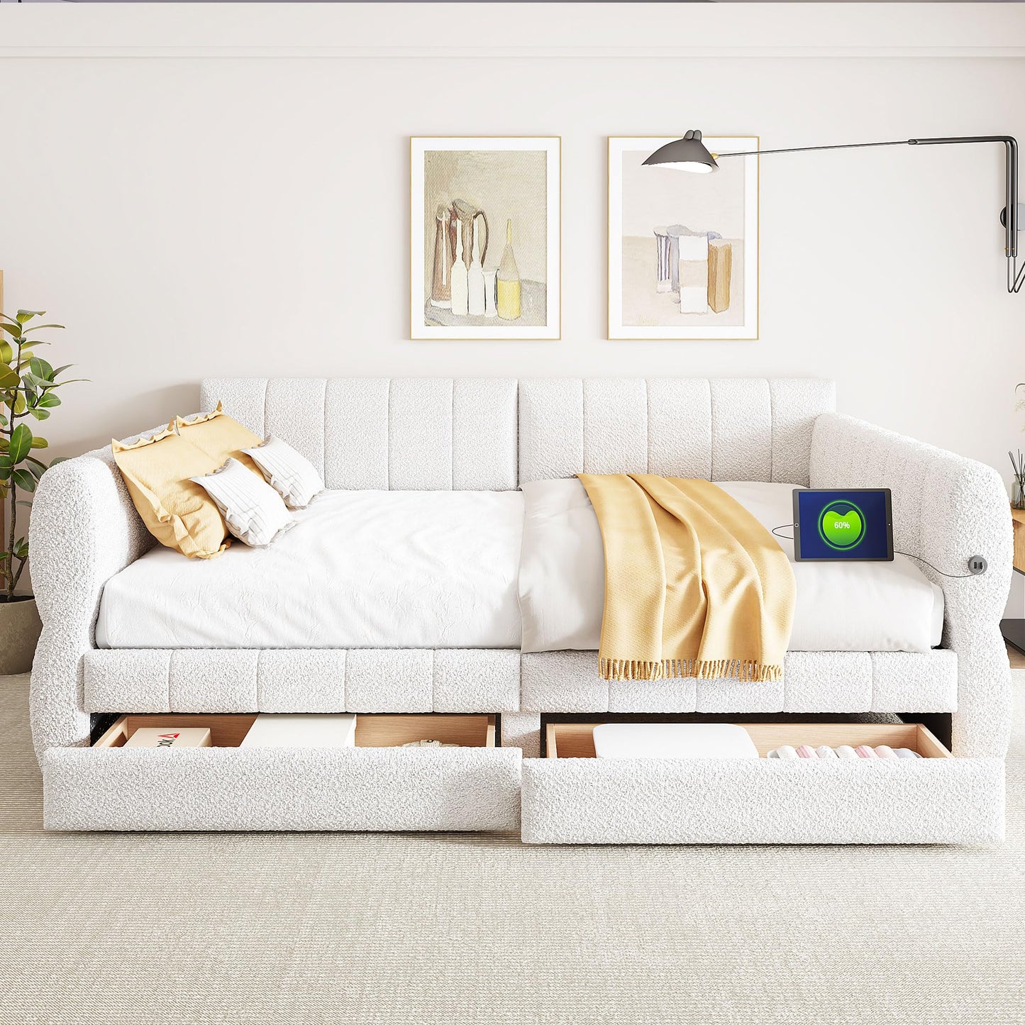 Ball & Cast Queen Size Daybed with Storage Drawers and USB Port,Upholstered Day Bed Frame with Channel Tufted Backrest and Armrest, Boucle Fabric,No Box Spring Needed,White