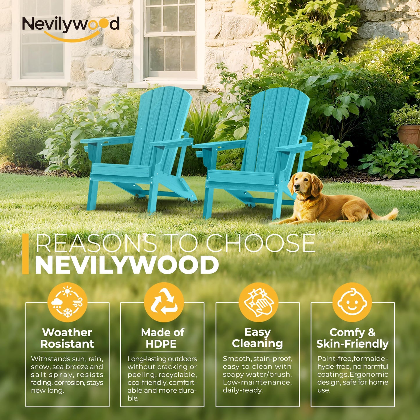 nevilywood Folding Adirondack Chair, Ergonomic, Cup Holder, 380lbs,Aruba