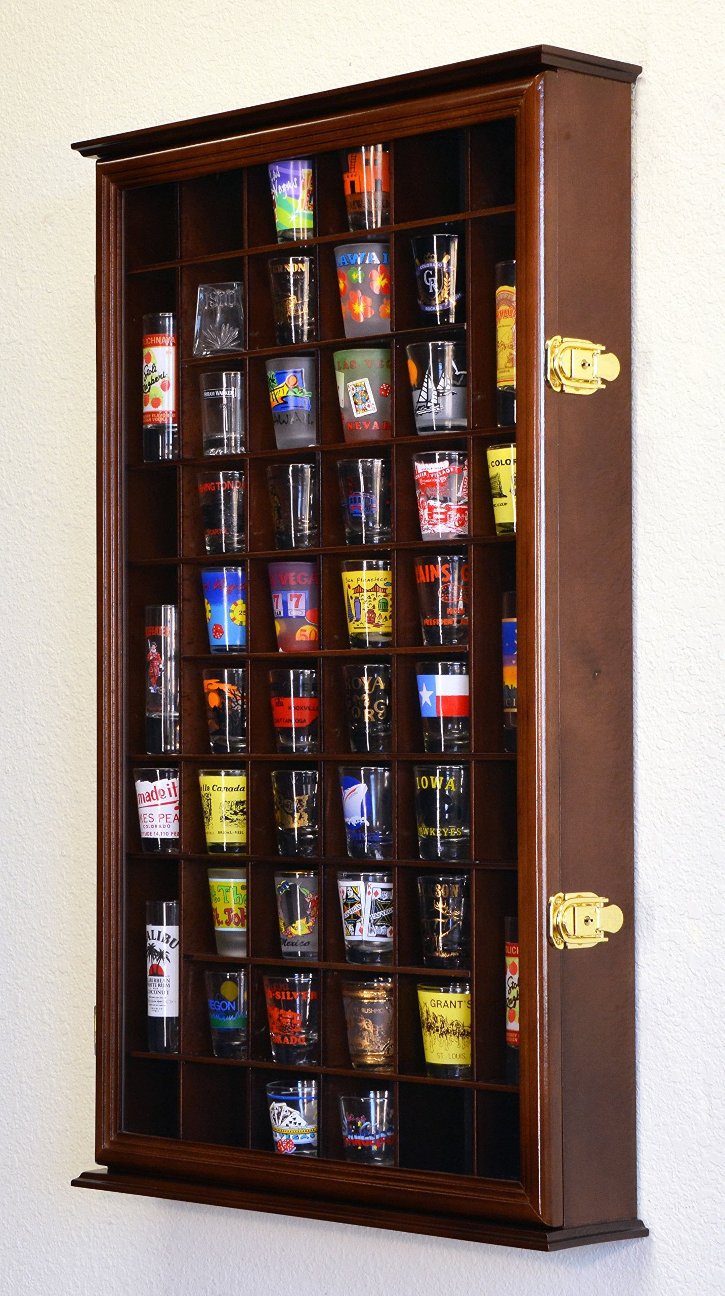 54 Shot Glass Shotglass Shooter Display Case Holder Cabinet Wall Rack w/UV Protection -Walnut