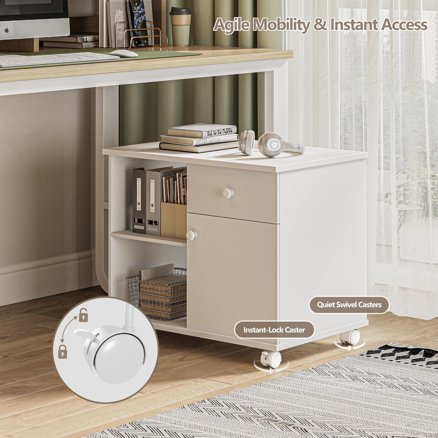 Quikraen Rolling File Cabinet Mobile Filing Cabinets with Doors, Adjustable Shelves Storage Cabinet, Lateral Printer Stand with Drawer for Office Supplies Mobile Filing Cabinet White