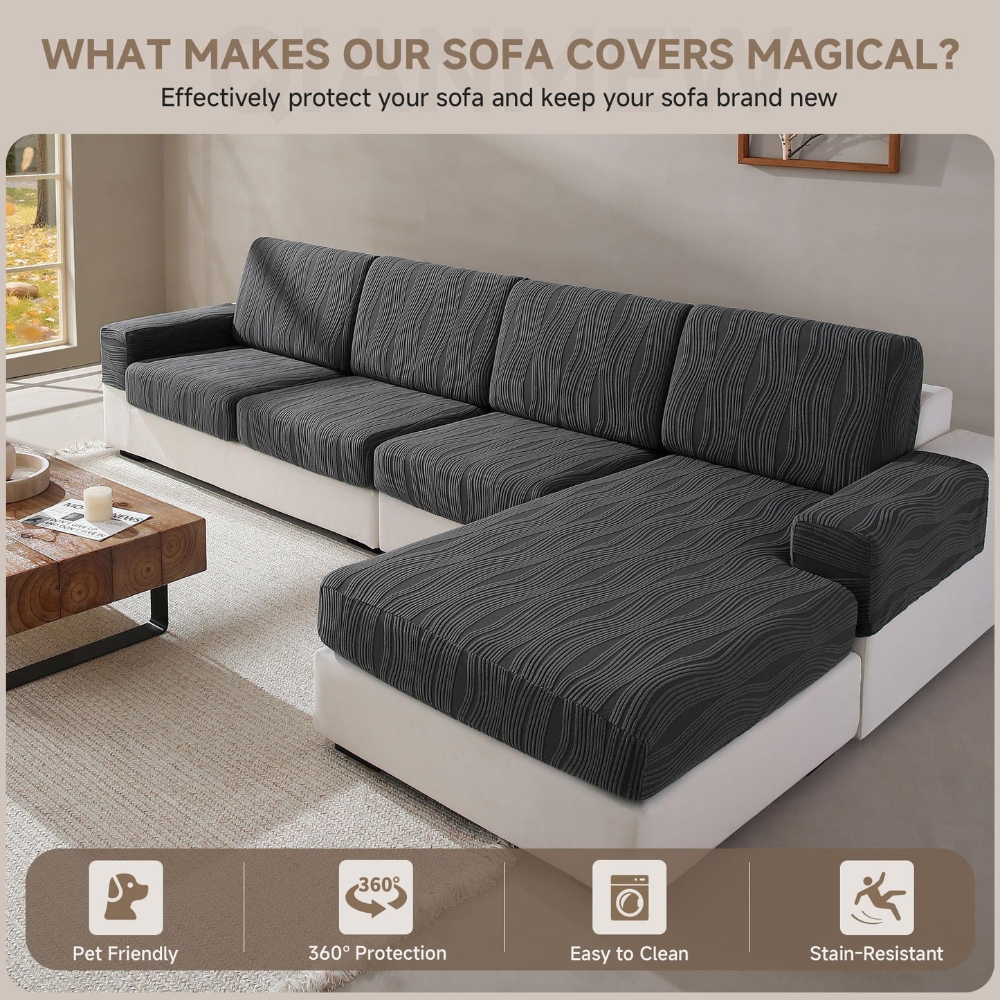 QIANMEW Couch Cushion Covers, Super Stretch Washable Sofa Slipcovers for L Shaped & Modular Seats, Pet-Friendly Furniture Protector with Stripe Design, (1 Seat Cover XL, Dark Gray)