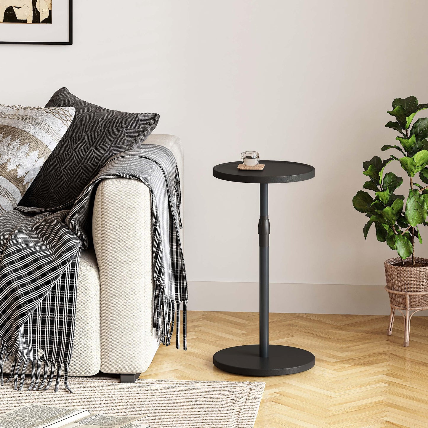 IRCPEN Adjustable Round Side Table, Small End Table, Pedestal Drink Table for Small Spaces, Tall Round Nightstand for Living Room Bedroom Sofa Couch, Black Wood Grain ET-010BW