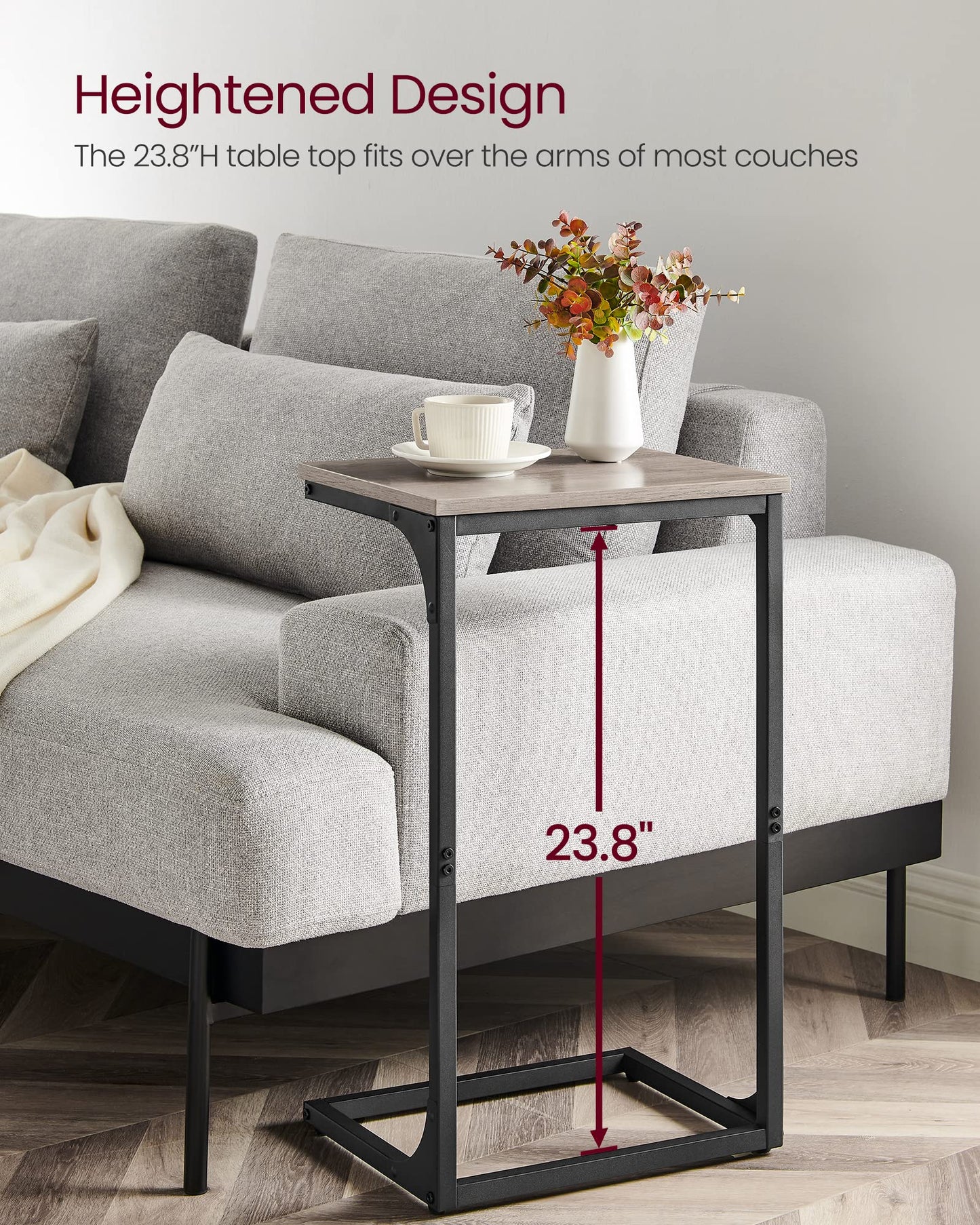 VASAGLE C-Shaped End Table, Side Table for Sofa, Couch Table with Metal Frame, Small TV Tray Table for Living Room, Bedroom, Greige and Black ULET353B02