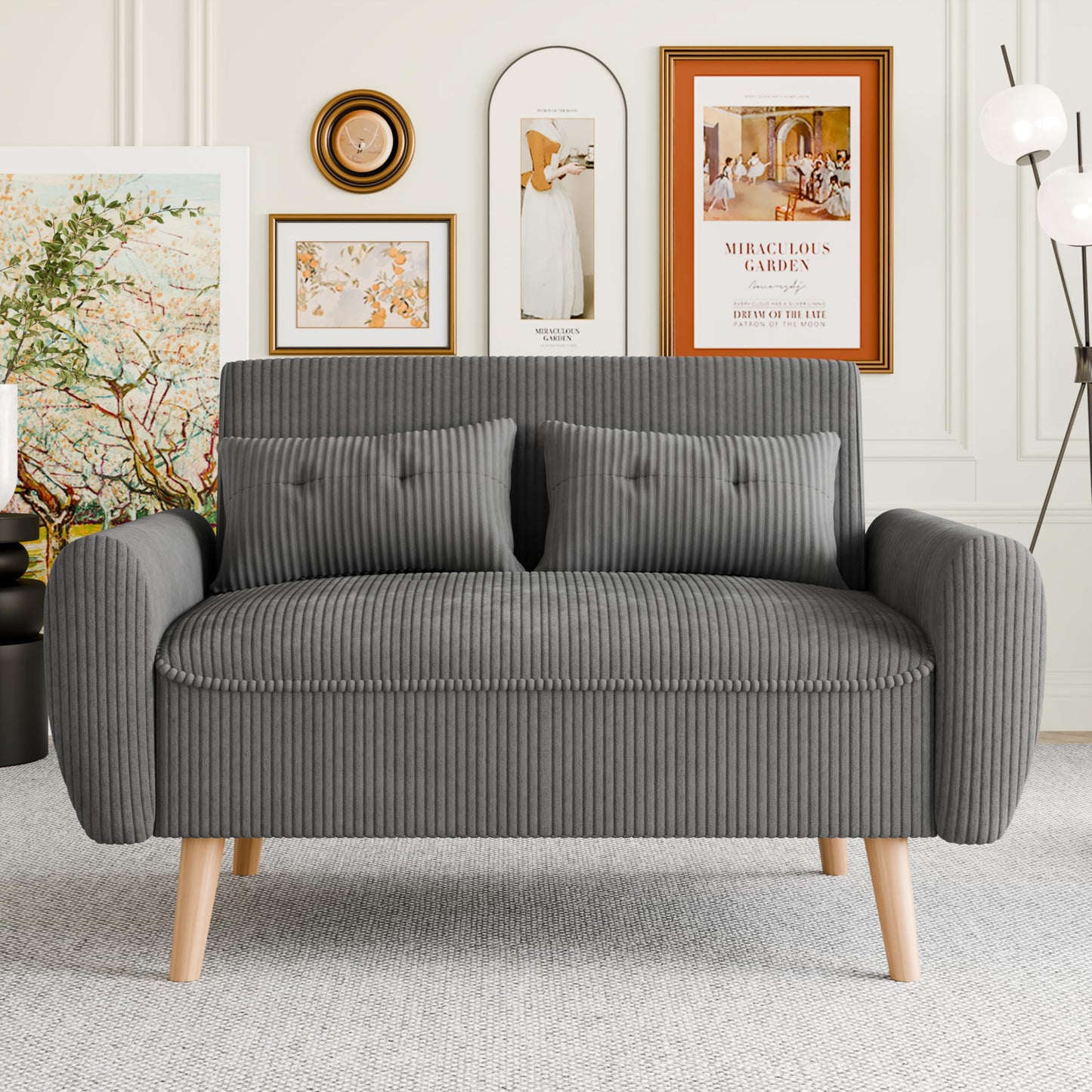 Vongrasig 48" Small Modern Loveseat Sofa, Mid Century Soft Corduroy Fabric 2-Seat Sofa Couch Tufted Love Seat with Back Cushions and Tapered Legs for Living Room, Bedroom and Small Space (Dark Gray)