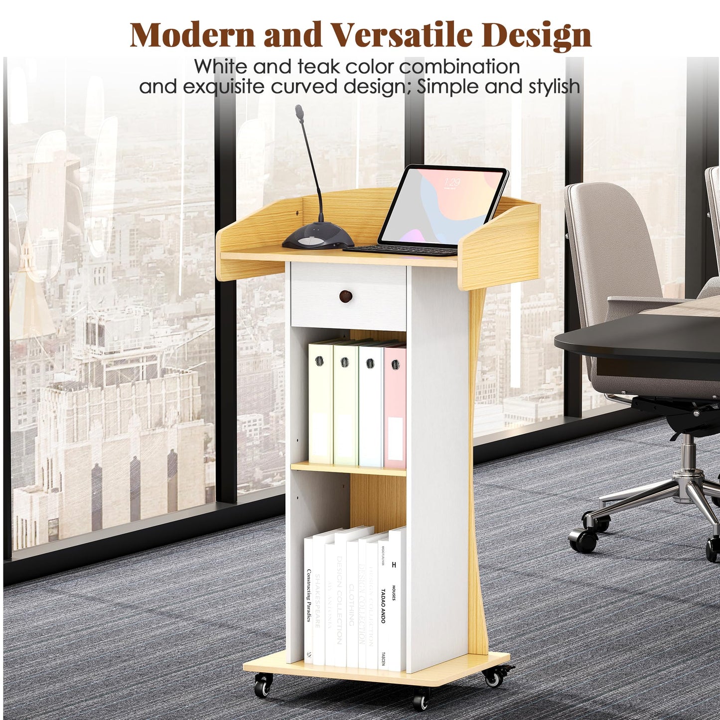 Qriocioa Podium Stand with Metal Wheels Wooden Lectern Podium Stand Portable Pulpit Standing with Storage Mobile Reception Podiums Desk for Church Office School Conference Restaurant Meeting,Wood