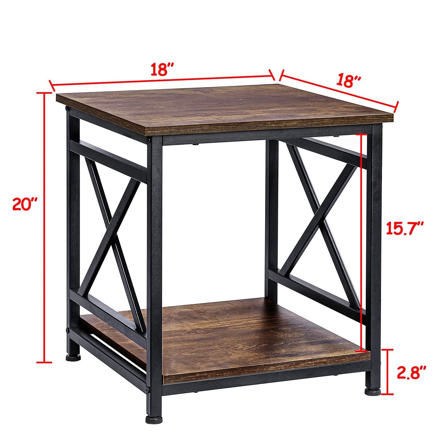 KSWIN Industrial End Table, 18" Square Side Table with 2-Tier Storage Shelf, X-Design Metal Frame, Rustic Brown Nightstand Bedside Table for Living Room, Bedroom