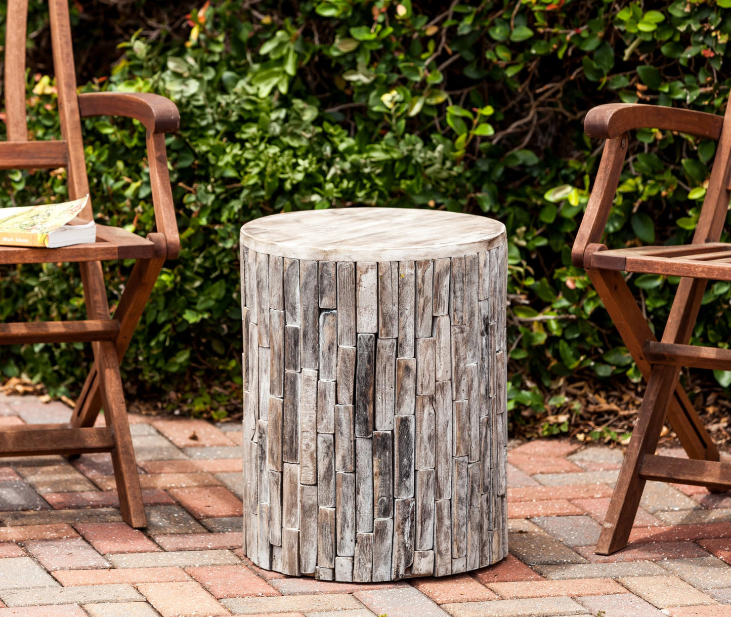 Patio Sense 62420 Elyse Round Rustic Garden Stool Wood Outdoor Seating & End Table Portable Adaptable Outdoor Furniture Ideal For Entertaining, Gardening & Decor - Seasoned Patina Finish May Vary