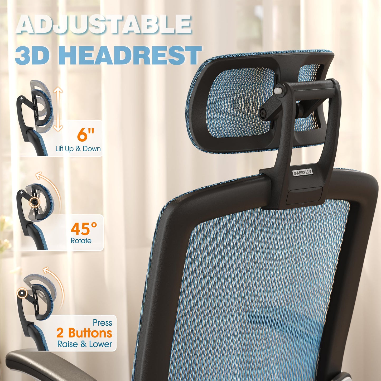 GABRYLLY Ergonomic Office Chair, High Back Mesh Desk Chair with Adjustable Headrest, Flip-Up Arms, 90-120° Tilt Lock, Lumbar Support and Comfy Seat, Swivel Computer Task Chair, Blue