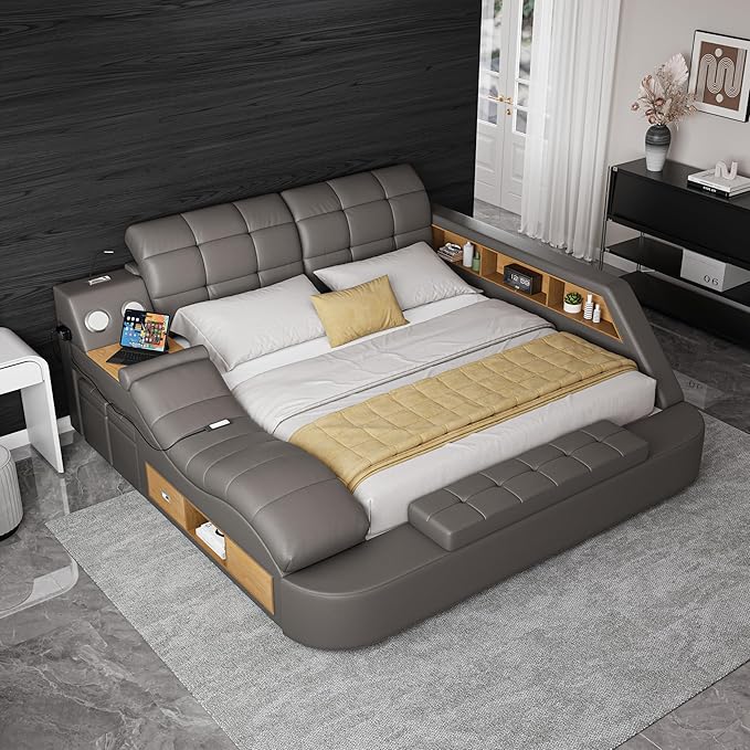Luxury Smart King Bed Frame, Leather Headboard/Strong Wooden Slats