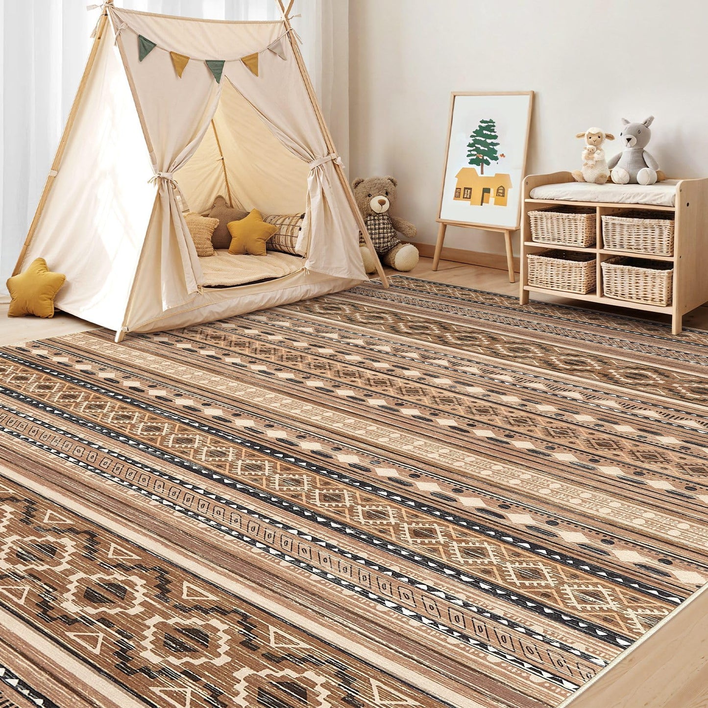 cotiled 5x7 Area Rugs Living Room Rug: Washable Boho Rugs with Non Slip Backing Large Soft Indoor Stain Resistant Carpet for Bedroom Farmhouse Dining Room Lightweight Home Decor Brown/Beige
