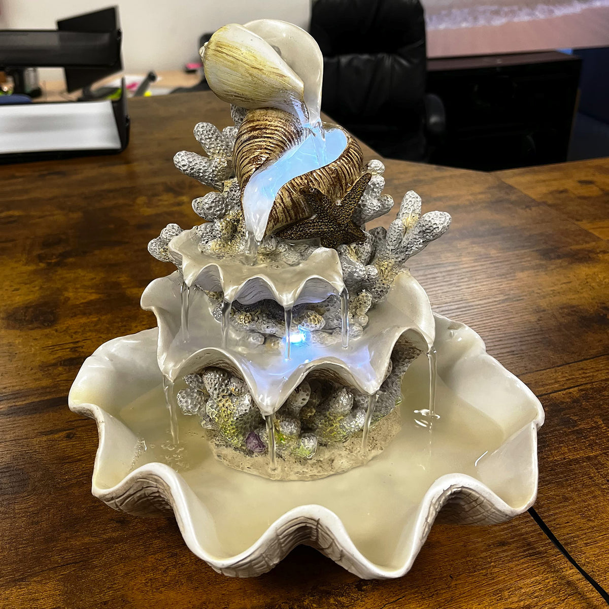10.5" H Coral Reef Shell Fountain Indoor Fountain with LED Lights and Adjustable Motor Pump (Power Cord Attached) (Resin)