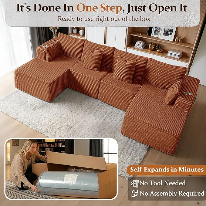 138" Cloud Sectional Couch, Comfort U Shaped Sofa