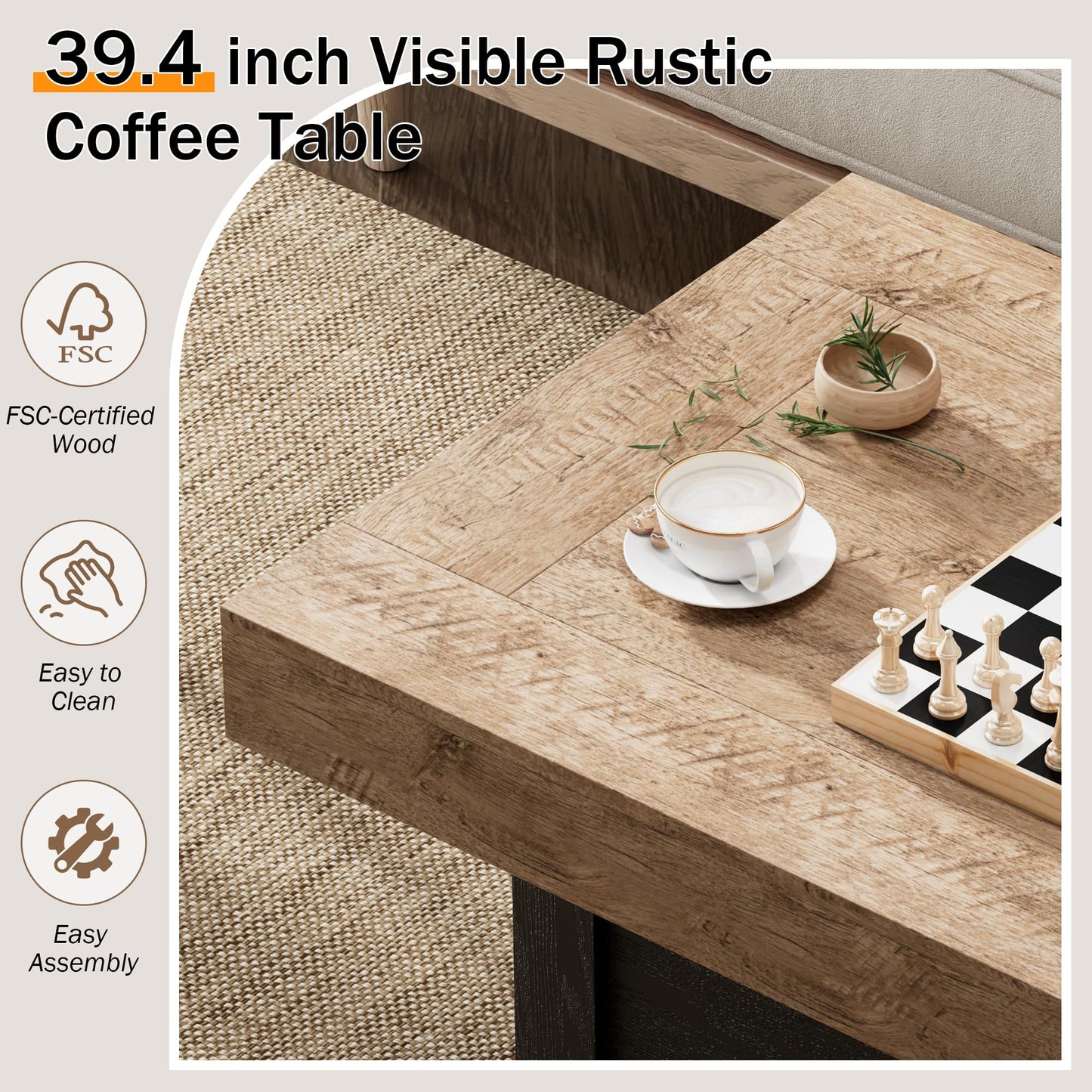 Lareth Coffee Table 39 in Rustic Center Table with X-Design Wooden Pedestal for Living Room, Space Saving, Rectangle Home Office Tea Accent Table for Apartment, Dark Oak Black
