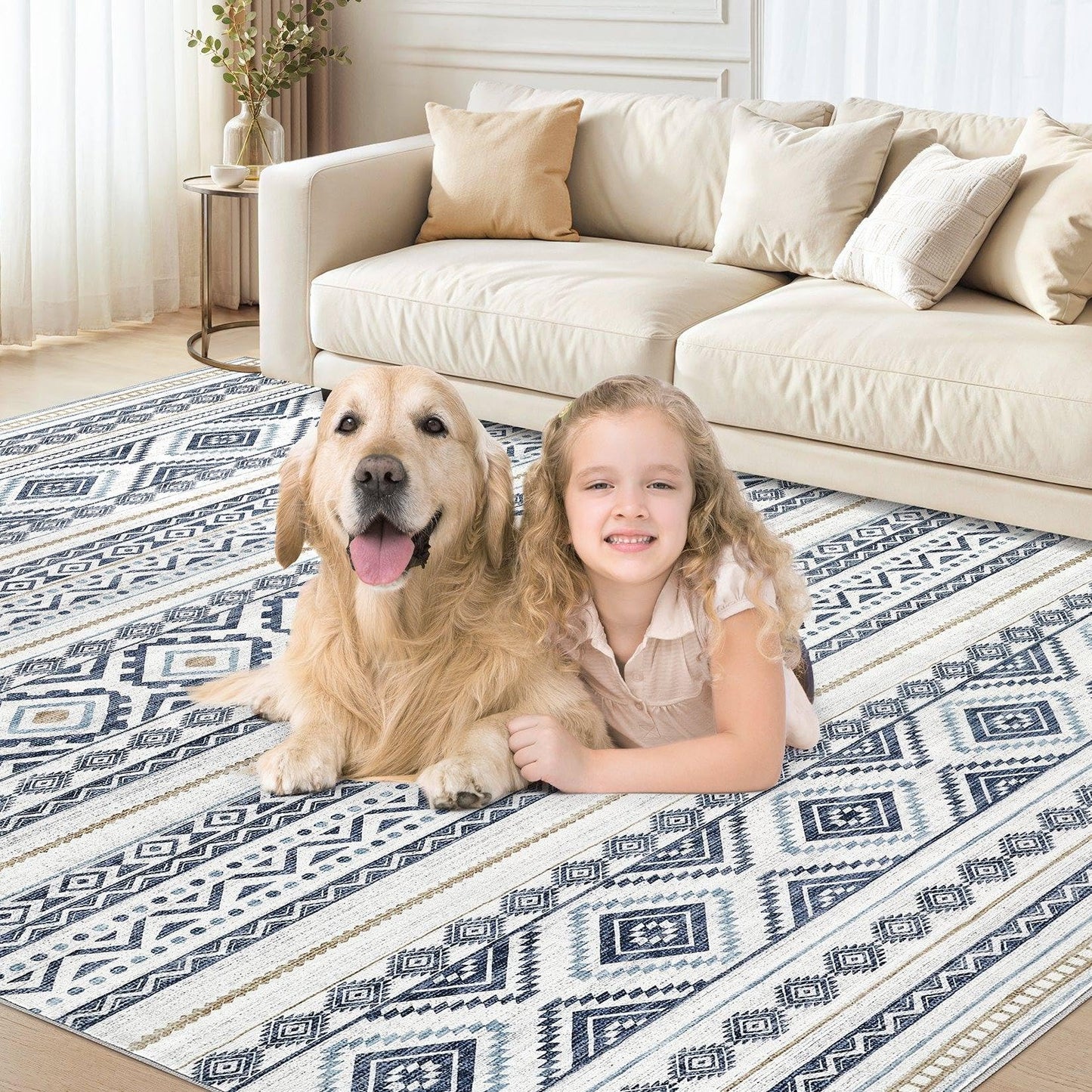 cotiled 5x7 Area Rugs Living Room Rug: Washable Boho Rugs with Non Slip Backing Large Soft Indoor Stain Resistant Carpet for Bedroom Farmhouse Dining Room Lightweight Home Decor Blue
