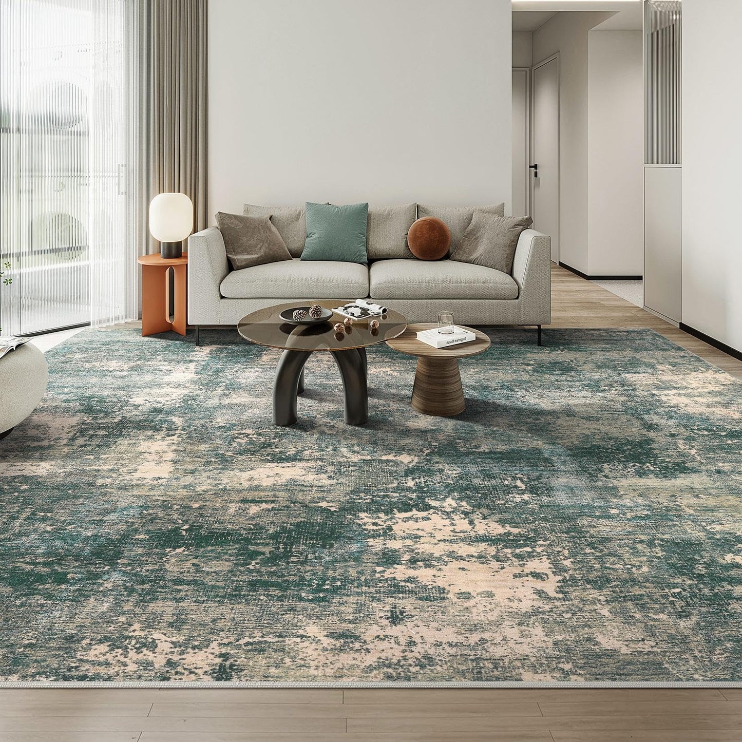 TARANCH Abstract 10x14 Area Rug: Machine Washable Non Slip Ultra Thin Low-Pile Carpet, Soft Stain Resistant for Living Dining Room Bedroom, Kid Pet Friendly, Robot Vacuum Compatible - Dark Green/Beige