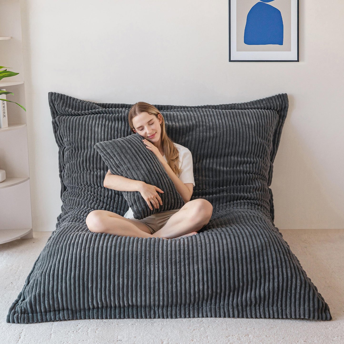 MAXYOYO Giant Bean Bag Chair with Pillow, 3 in 1 Convertible Bean Bag Chair for Adults with Washable Cover, Removable Floor Cushion Stuffed Floor Lounger for Living Room Bedroom, Dark Grey, Full
