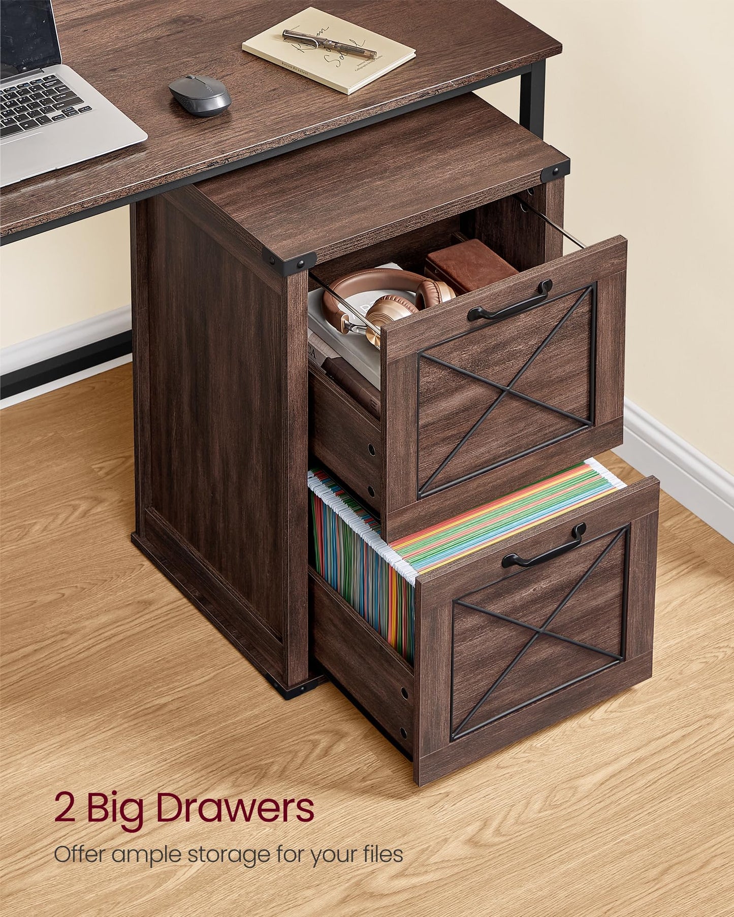 VASAGLE File Cabinet, Filing Cabinet with 2 File Drawers, Printer Stand, Fit A4, Letter Size, Hanging File Folders, Modern Farmhouse Style, for Home Office, Maroon Brown UOFC048K01