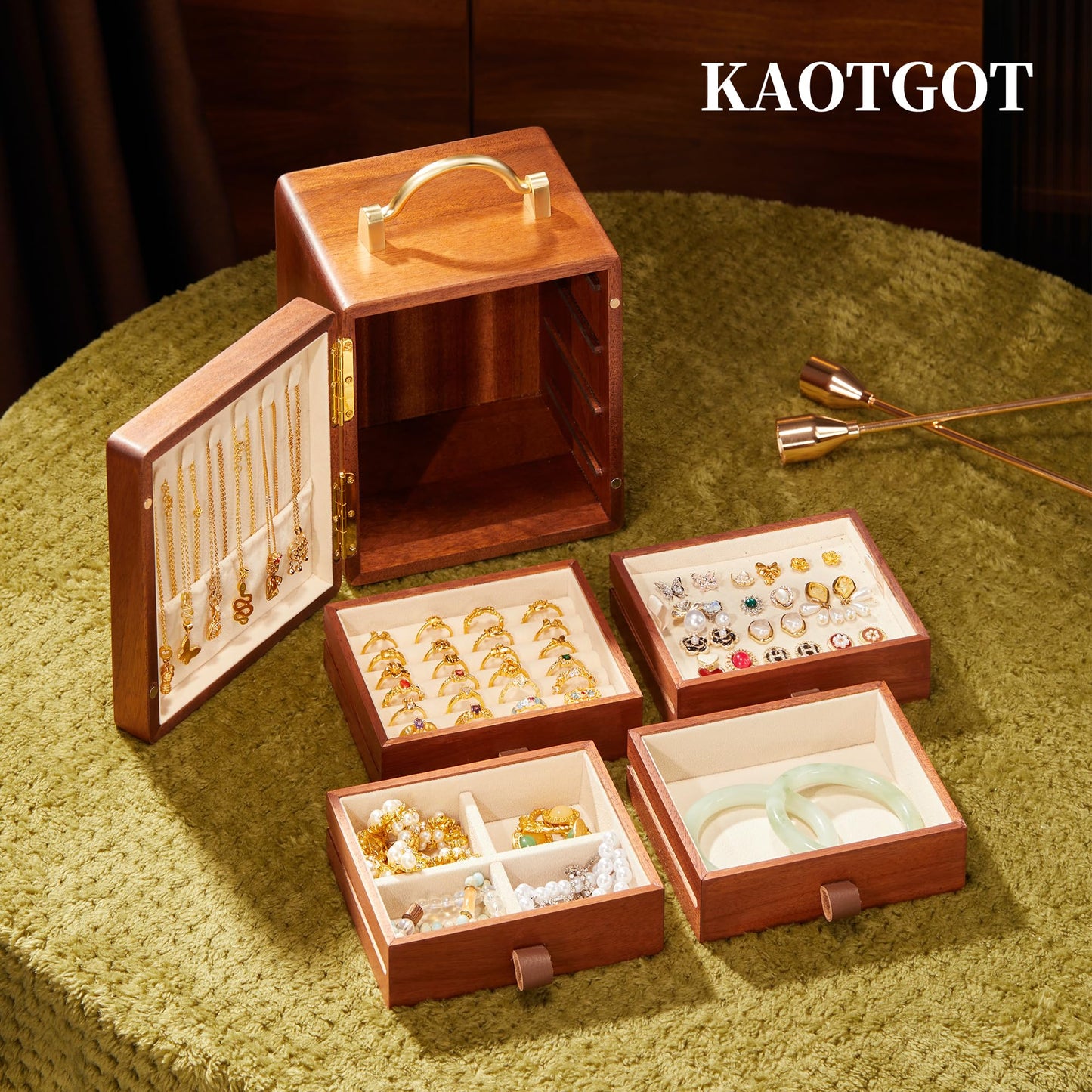 KAOTGOT Wooden Jewelry Box for Women 4 Tier Walnut Wooden Jewelry Box with handle (Butterfly Prints B)
