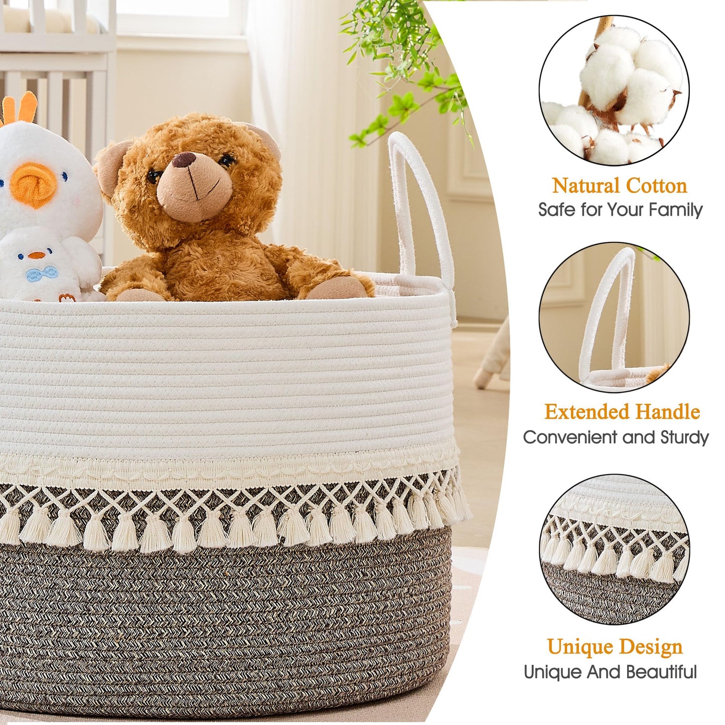 KAKAMAY Cotton Rope Storage Basket (20"x13"),Woven Hamper for Blankets,Toys,Pillows,Clothes,Laundry,Sturdy Handles Decorative Basket for Living Room, Bedroom,Nursery(Beige Fringe)