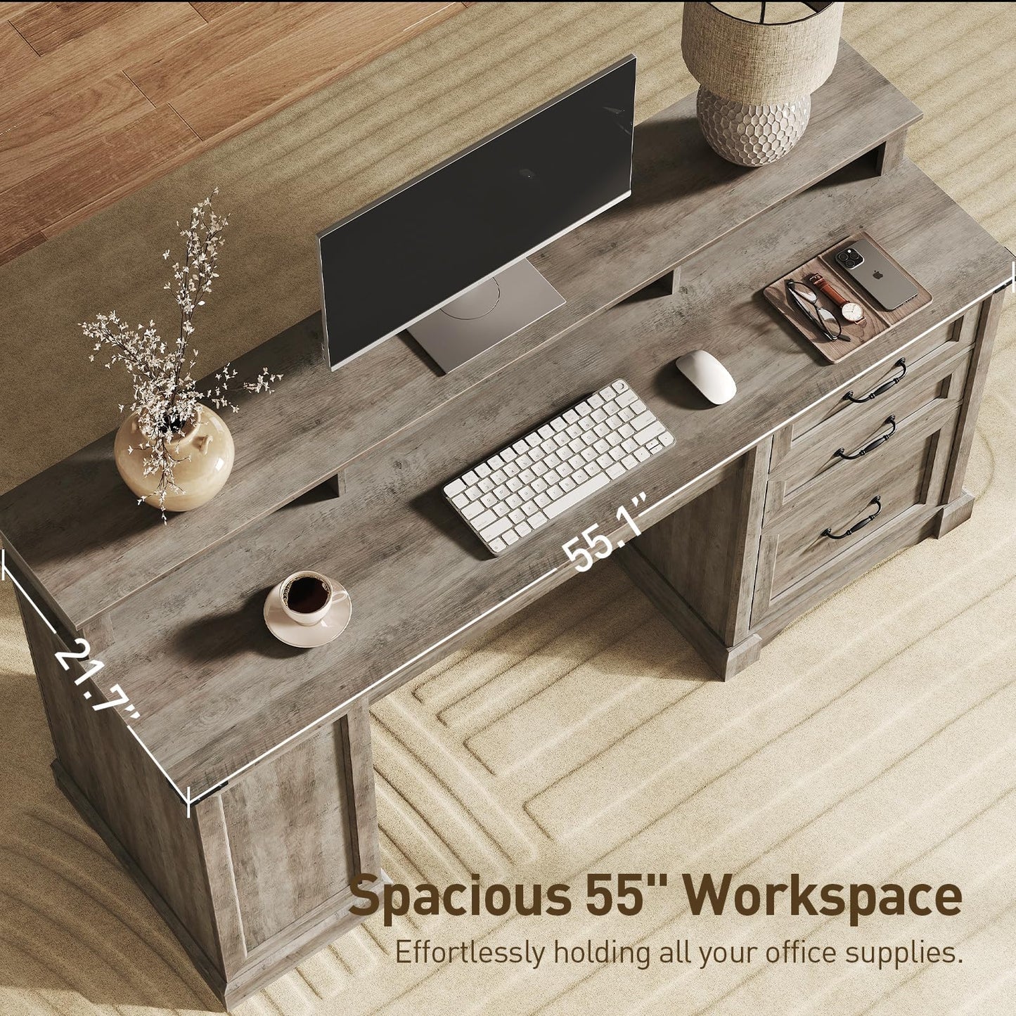 RALGEND 55'' Farmhouse Executive Desk with Drawers, Home Office Desk with File Cabinet and Storage Shelf, Charging Station, Computer Desk with Monitor Stand, Writing Gaming Desk, Greige