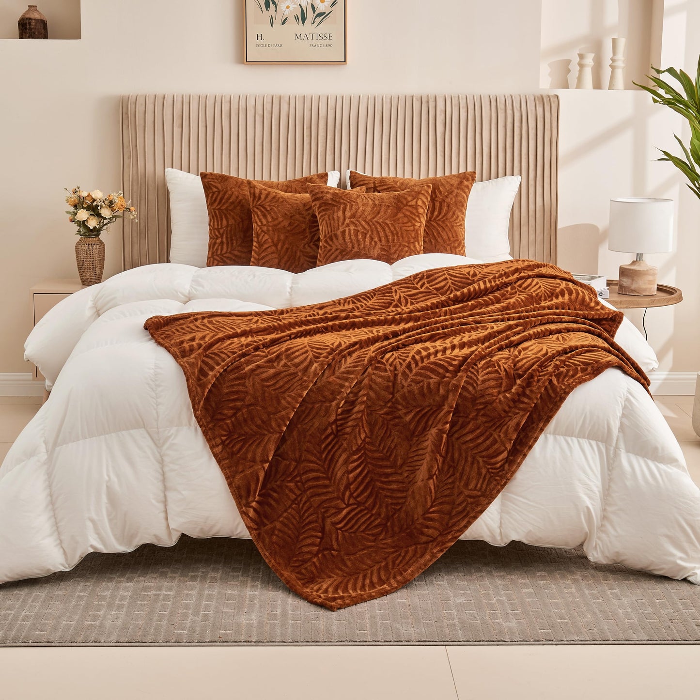 SOCHOW Leaves Textured Fleece Throw Blanket & Throw Pillow Covers & Body Pillow Cover, Caramel