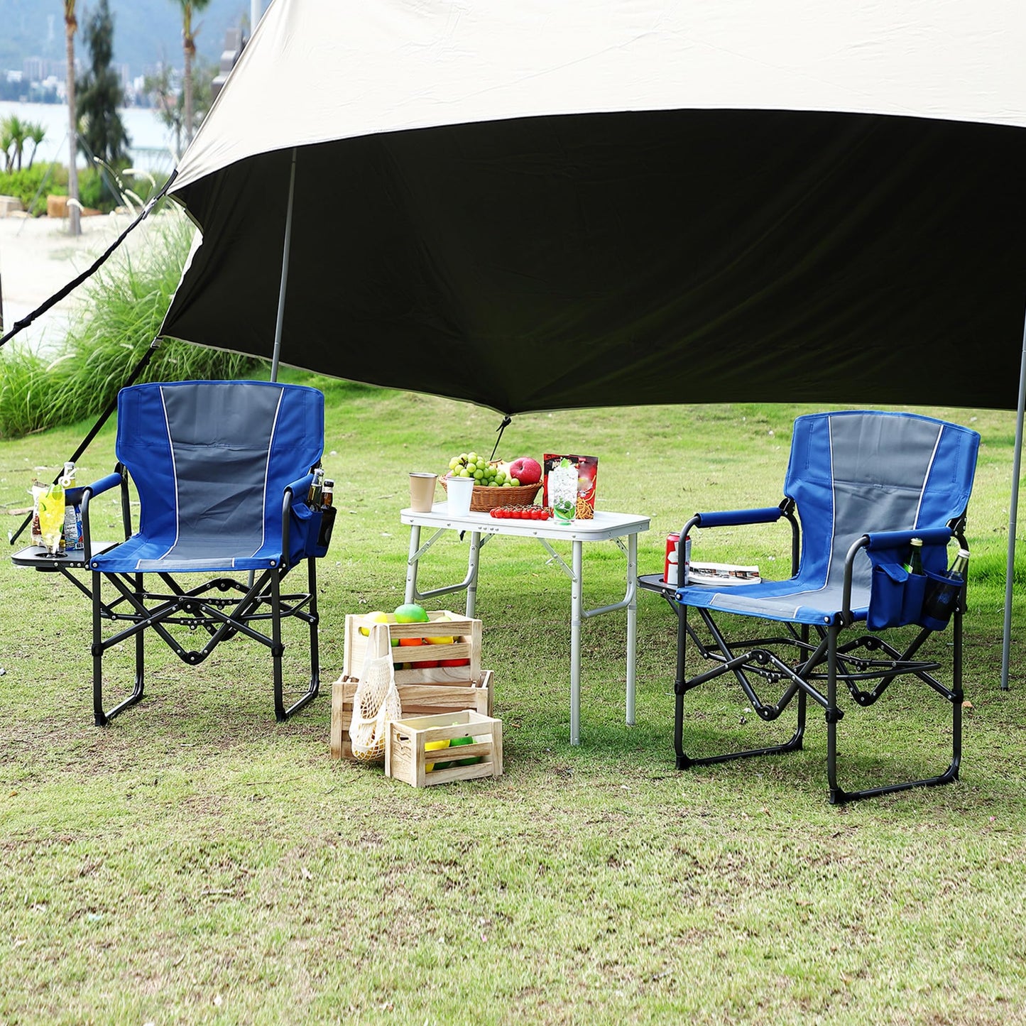 Oversized Camping Directors Chair, Portable Folding Lawn Chairs for Adults Heavy Duty with Side Table, Outdoor Foldable Camp Chair with Pocket for Beach, Fishing,Picnic (2, Blue/Grey, Oversized)