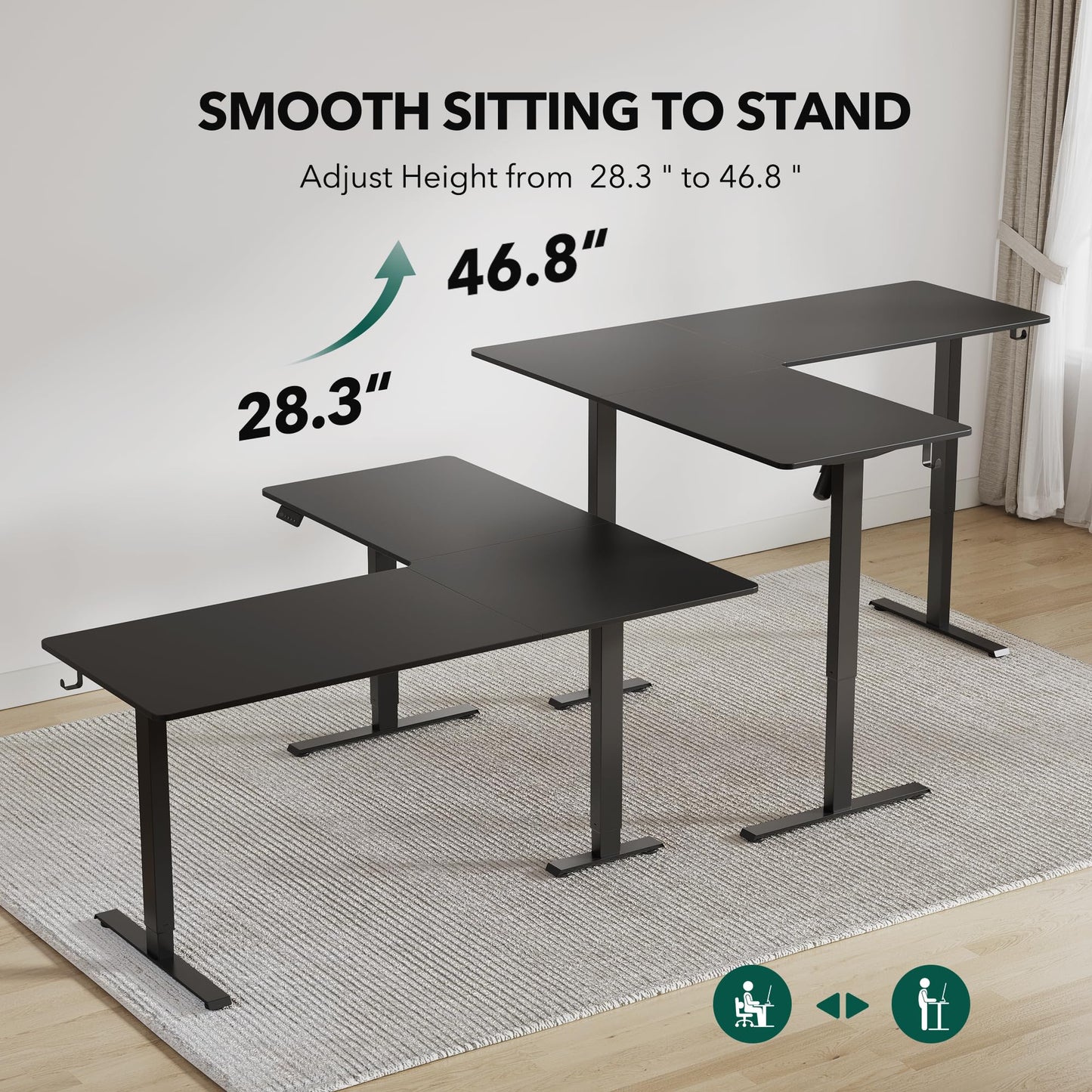 FEZIBO 63" x 55"L Shaped Standing Desk Adjustable Height, 63 Inch Electric Stand up Corner Computer Desk, Sit Stand Home Office Desk with Splice Board, Black