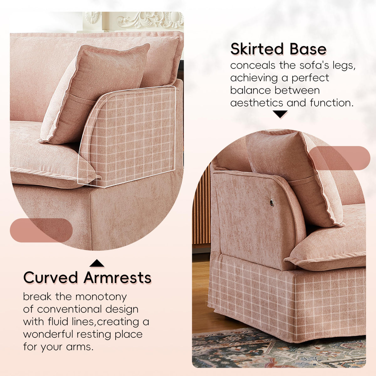 Merax 47.2" Oversized Accent Chair with Dual-Port Charging, Skirted Base, Deep and Wide Seat, Cloud-Like Comfy Single Sofa, Modern Design for Living Room&Apartment, Chenille,Pink