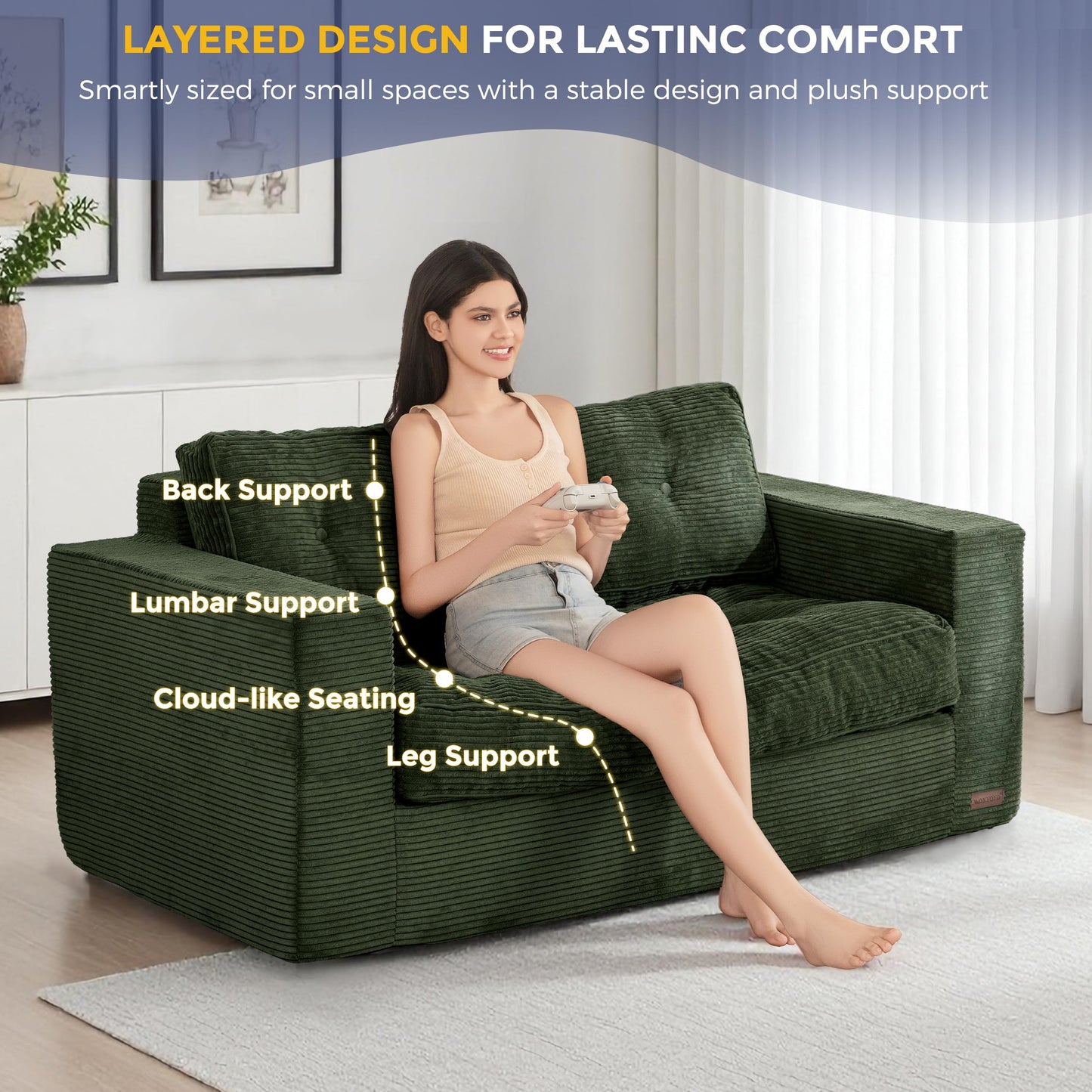 MAXYOYO Loveseat Sofa Couch, Upholstered Bean Bag Chair Cloud 2-Seat for Adults, Boneless Couch with Tufted Cushion & Pillows, Sofa in A Box, No Assembly Required, Dark Green