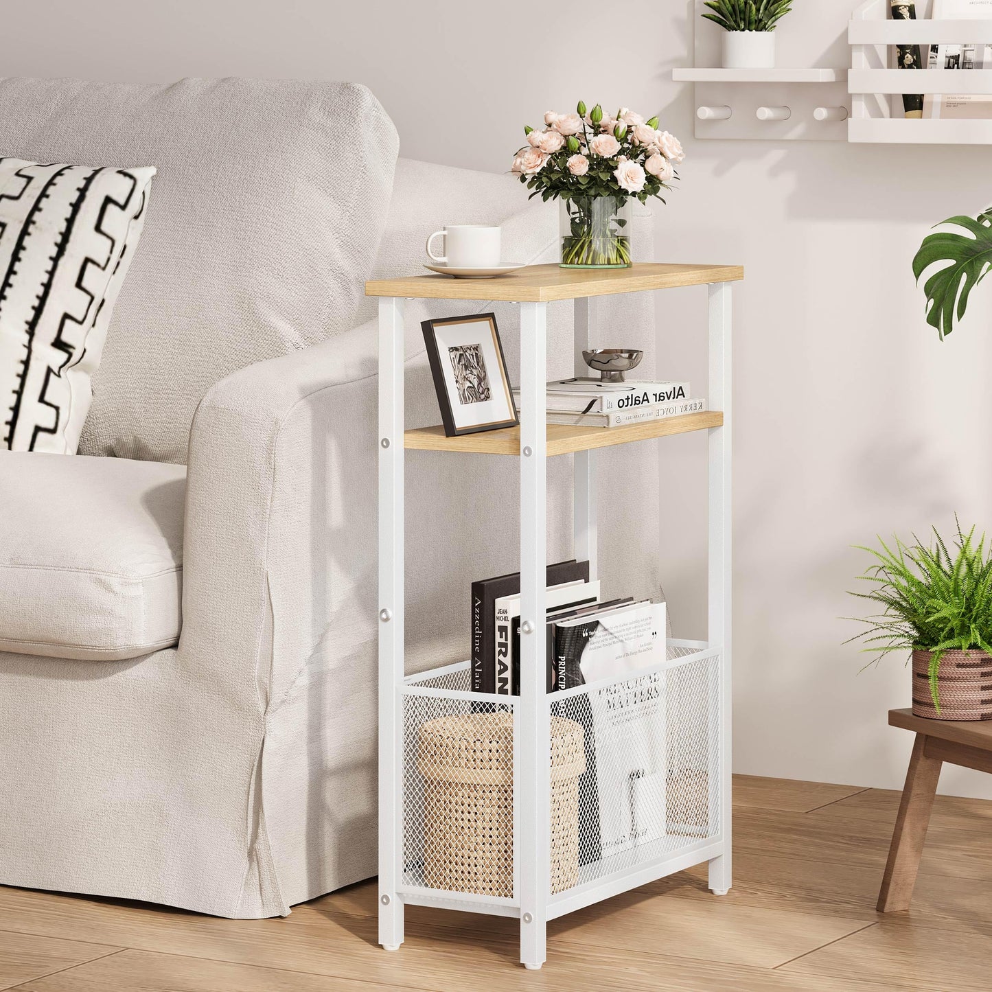 MMEOLUOOK Narrow Side Table with Storage Basket Skinny End Tables for Smalls Spaces 3 Tier Sofa Table Small Nightstand Slim Bedside Table for Living Room Bedroom Natural Wood MLBZ22Y