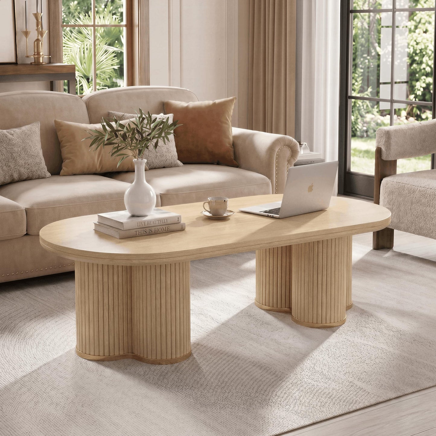 YOSHOOT Oval Fluted Coffee Table for Living Room - 47" Farmhouse Wood Coffee Table Modern Round Center Table for Living Room Home Office, Oak