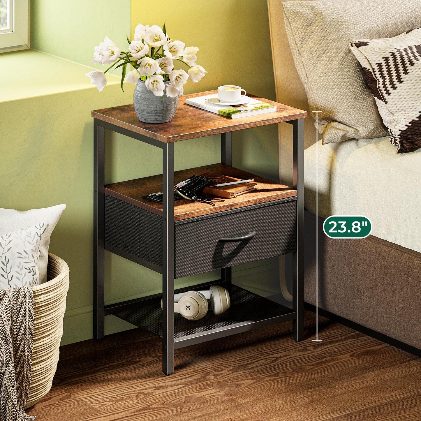 Huuger Night Stand with Fabric Drawer, Side Table with Mesh Shelf, Bedroom Nightstand, Fabric Drawer Dresser, Open Shelf, Metal Frame, Couch Side, Rustic Brown and Black