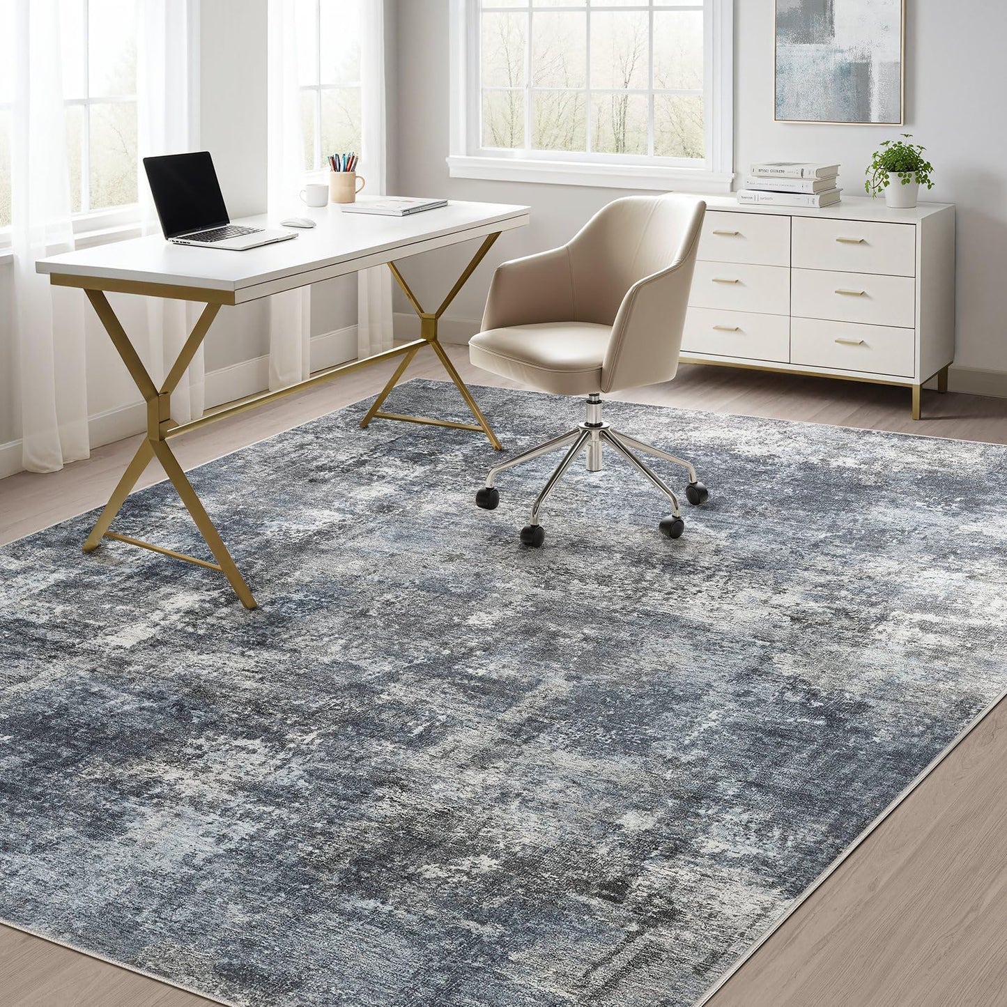 TARANCH Abstract 10x14 Area Rug: Machine Washable Non Slip Ultra Thin Low-Pile Carpet, Soft Stain Resistant for Living Dining Room Bedroom, Kid Pet Friendly, Robot Vacuum Compatible - Dark Grey/Blue