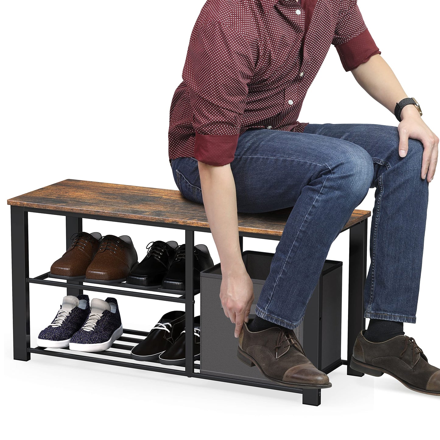 Simple Houseware 2 Tier Shoes Bench with Wood Top and Storage Bins, Rustic Brown