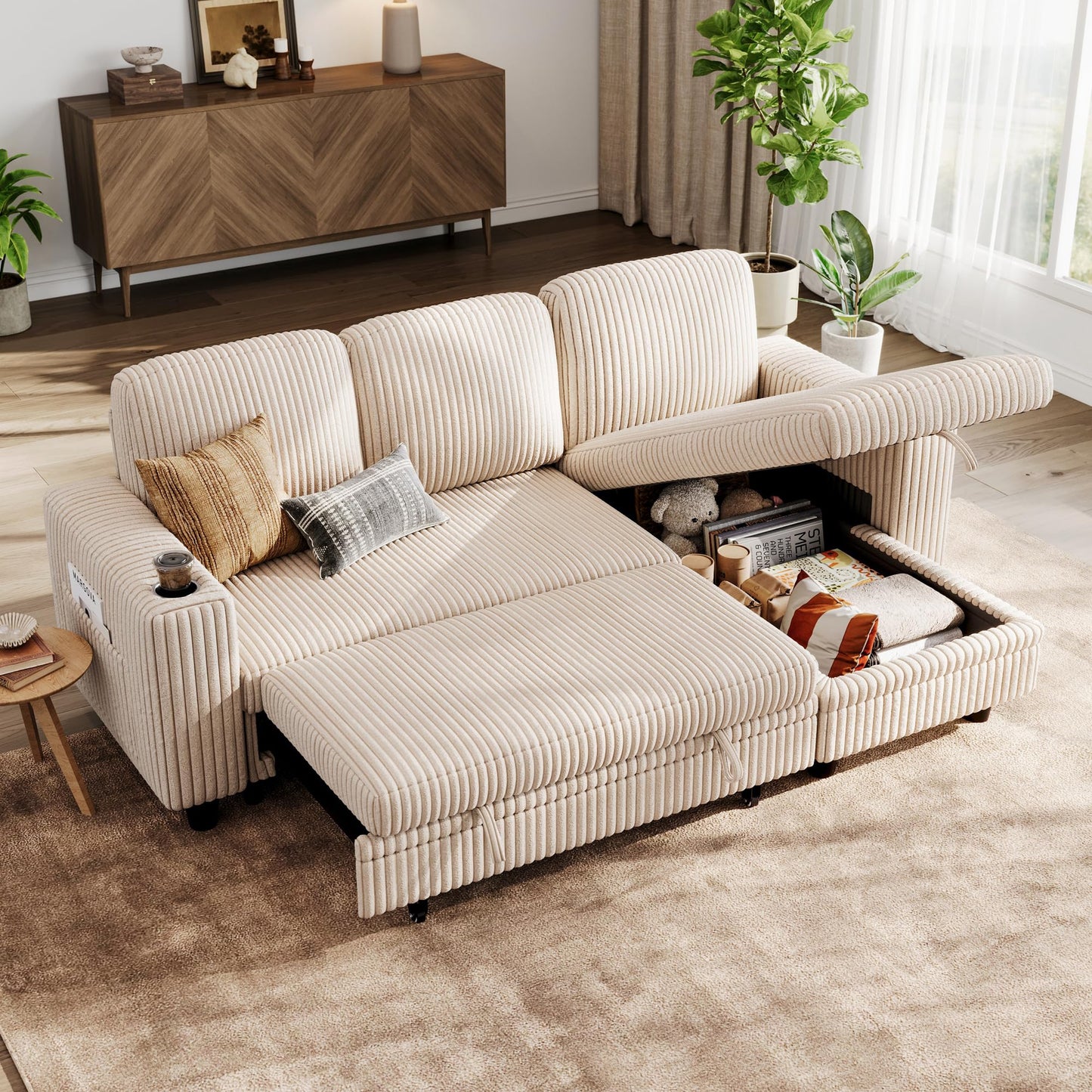 LINSY HOME Sectional Sleeper Sofa Pull Out Couches for Living Room (Beige, Sleeper Sofa 1) | Pull Out Sofa Bed, Storage, USB Charging, Cup Holders, Plush Corduroy