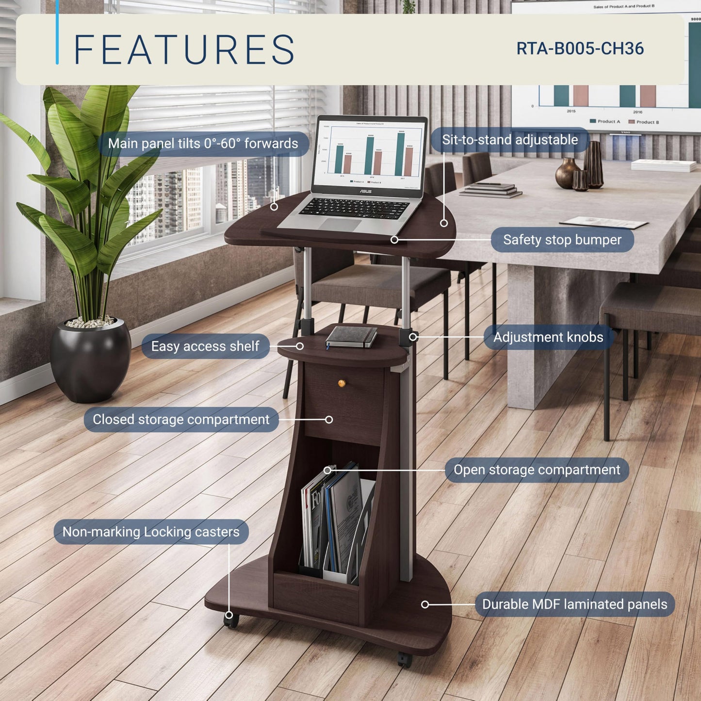 Techni Mobili Sit-to-Stand Rolling Adjustable Storage Medical Laptop Computer Cart, Chocolate, B005