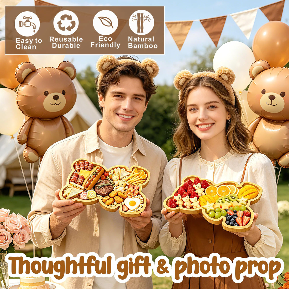 2pc Charcuterie Boards Platters Bear Baby Shower Food Trays Wooden Bear Party Decorations Gender Reveal Food Display Snack Tray Kids Birthday Party Plates Fillable Serving Board for Fruit Cheese