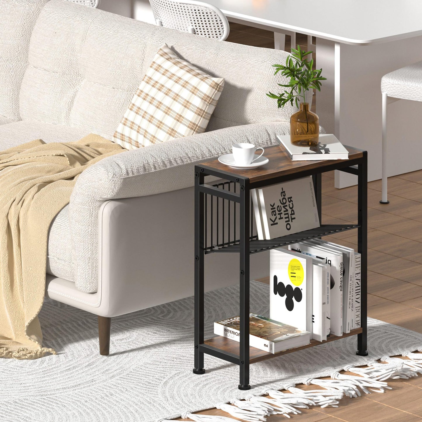 Lifenite Side Table for Small Spaces, Narrow End Table with Magazine Holder, 2 in 1 Design Slim Side Table, Skinny Nightstand for Living Room Bedroom, Thin Side Magazine Table, Rustic Brown