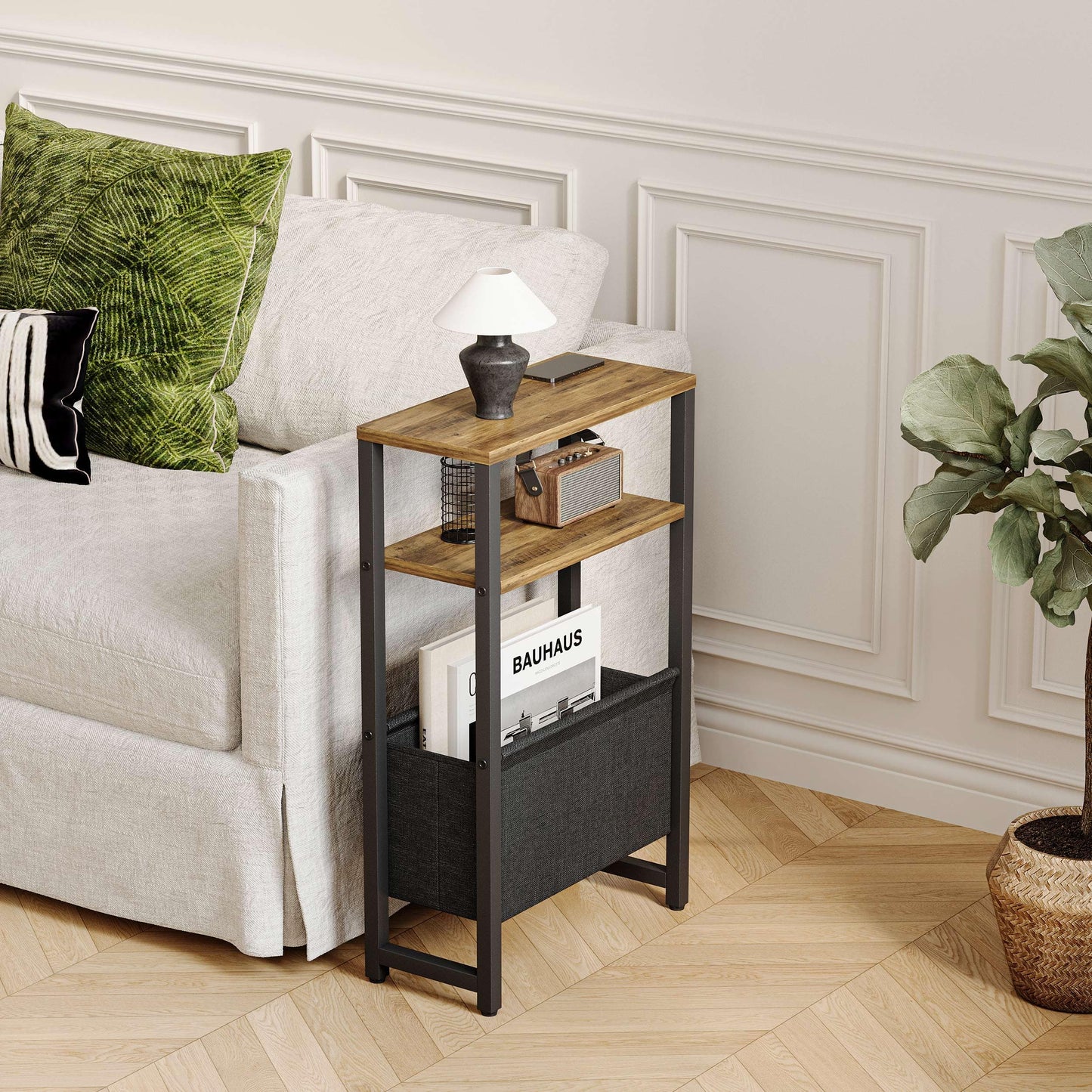 IRCPEN Narrow Side Table, Slim End Table with Magazine Rack, Skinny Bedside Table for Small Spaces, 3 Tier Sofa Couch Table Nightstand for Living Room, Bedroom, Walnut Brown LET503BR